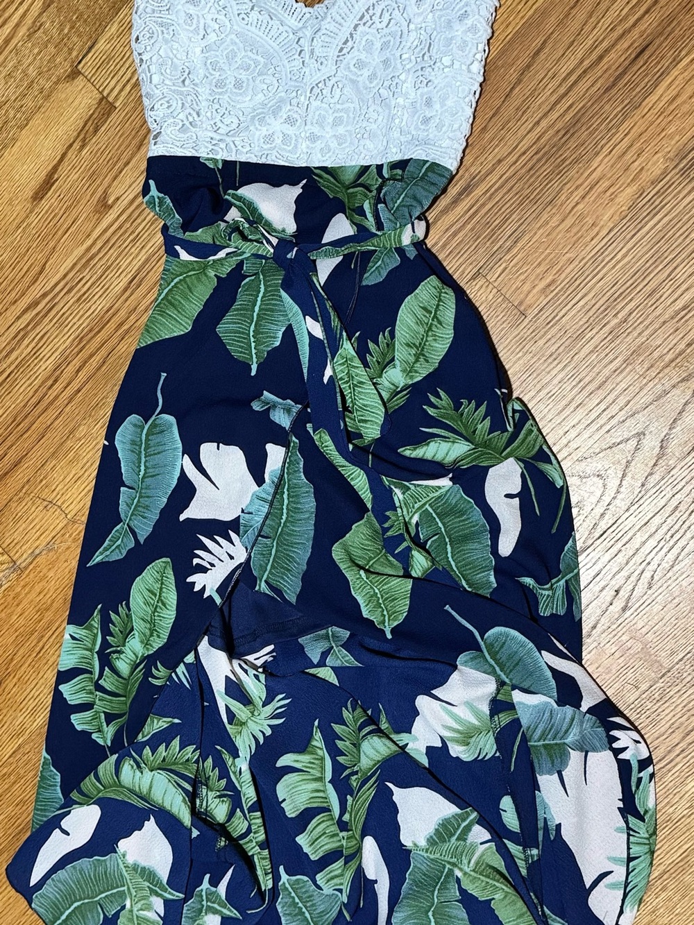 White Lace Top Navy Tropical Maxi Dress